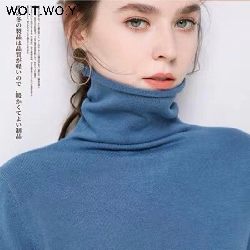 Wotwoy höst vinter slimmad tröja dam basic bottenstickat dam stickade bomullströjor femme jumper