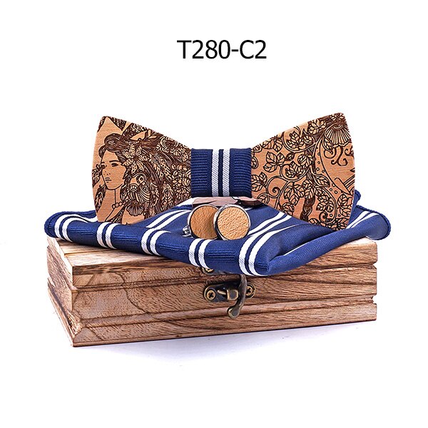 Original bowtie naturlig træ butterfly udsøgt håndlavet mænd butterfly manchetknapper trækasse sæt: T280-c2