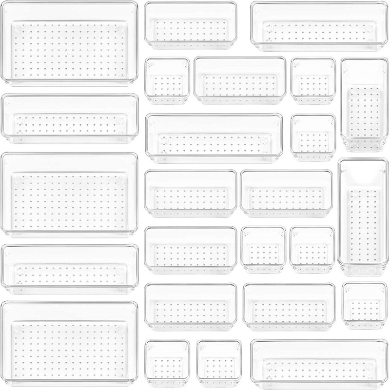10-delige veelzijdige lade-organizerset - doorzichtige plastic dienbladen en verdelers in 4 maten voor perfecte make-up en keukenopslag: YELLOW