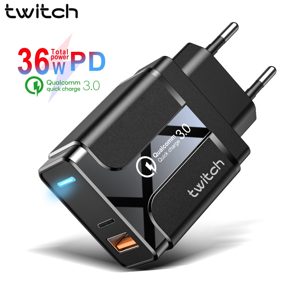 Twitch-cargador USB de carga rápida 3,0 PD tipo C para Samsung, iPhone, Huawei, tableta QC 3,0, adaptador de pared de teléfono móvil LED