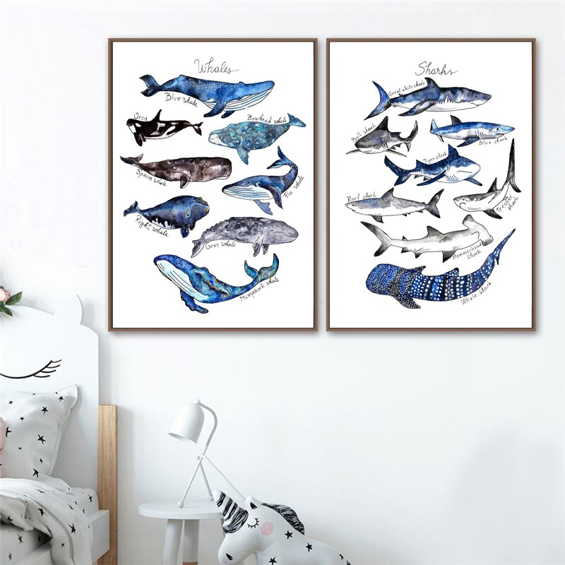 Walvis Afdruk Nursery Muur Art Shark Poster Strand Nautische Muur Foto Decor Retro Poster Kraftpapier