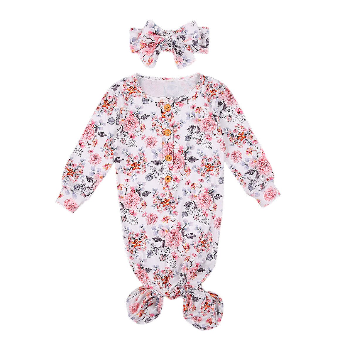 Baby Girls Nightgown Knoted Sleepers with Headband Floral Print Cotton 2 Piece Sleep Set: E