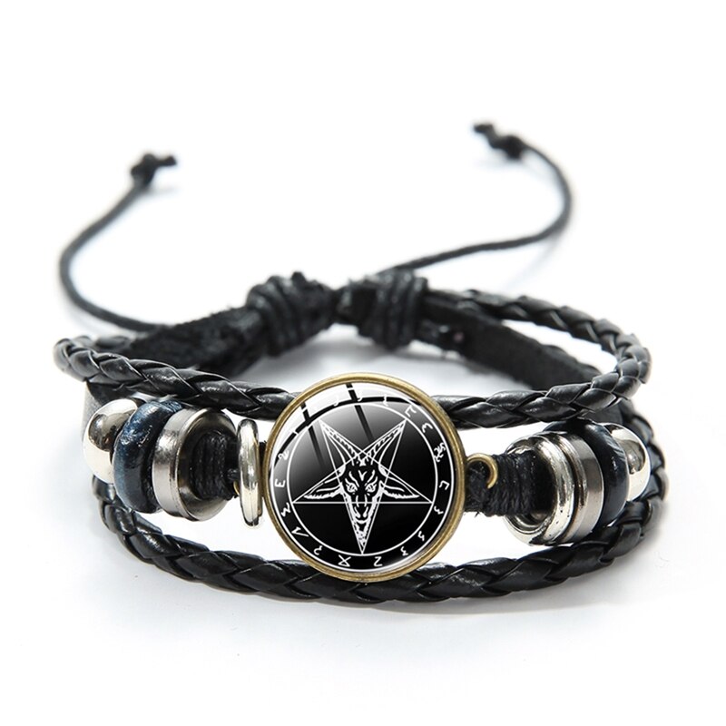 Red Goat Head Braided Bracelet Men Retro Bronze Pentagram Pattern Leather Bracelets Bangle Satanism Gothic Style: Style 9