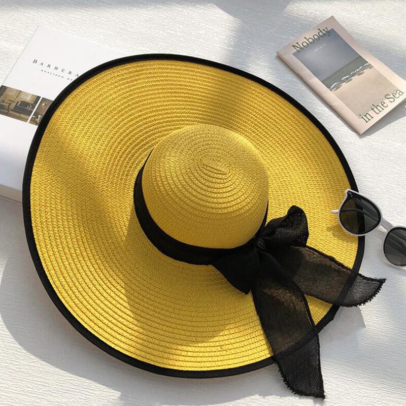 Zomer Panama Hoed Grote Rand Strooien Hoed Floppy Wide Brim Zon Hoeden Strik Strand Opvouwbare Hoeden Caps Voor Vrouwen Chapeu feminino: Yellow