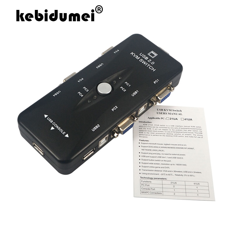 kebidumei 4 Port hub USB 2.0 KVM VGA/SVGA Switch Box Adapter Connects for Printer keyboard Mouse 4 Computers Use 1 monitor