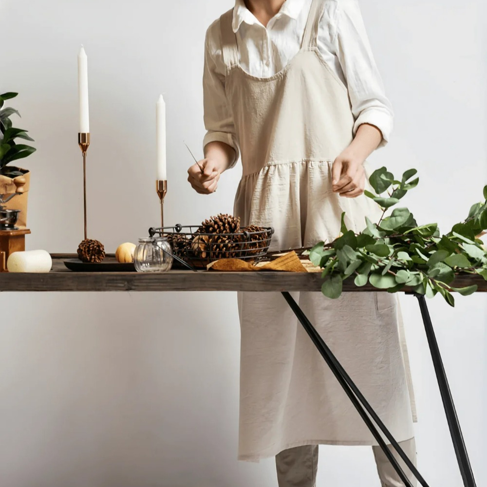 Japanese Linen Aprons for Women with Pockets Cross Back Cute Apron Dress for Gardening Painting Baking Cooking Kawaii Kitchen