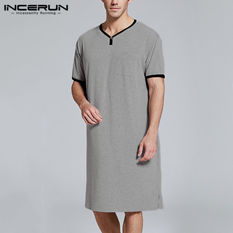 INCERUN Men Sleep Tops Short Sleeve Breathable Long Tops Summer Loose Casual V Neck Men Sleepwear Homewear S-5XL