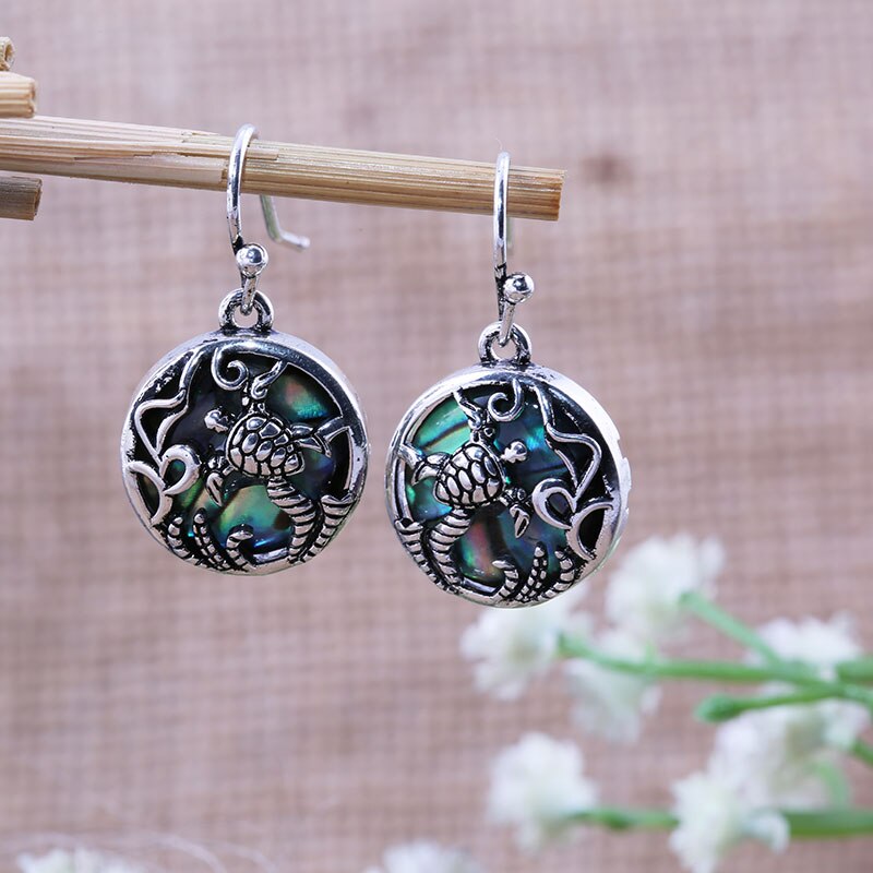 Huitan Cute Turtle Earrings Old Vintage Round Shaped Pendant Earrings Traditional Ethnic Accessories For Women: Default Title