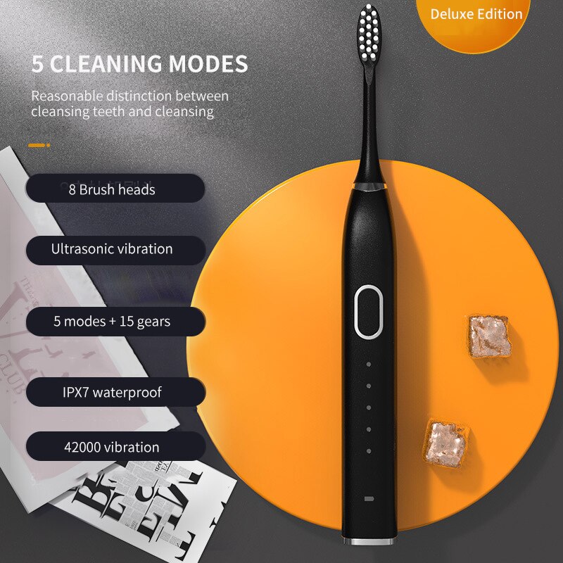 Ultrasound Electric Toothbrush Smart Tooth Brush Ultrasonic Automatic Fast Rechargeable Soft Electronic Washable Toothbrush: Magnetic  Black