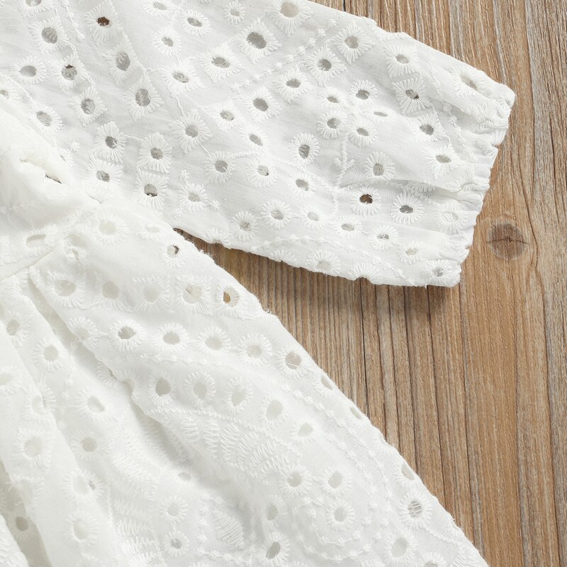 Abito estivo da principessa per bambini abito a maniche lunghe floreale in pizzo solido adorabile abbigliamento Casual abito bianco per abiti quotidiani da festa