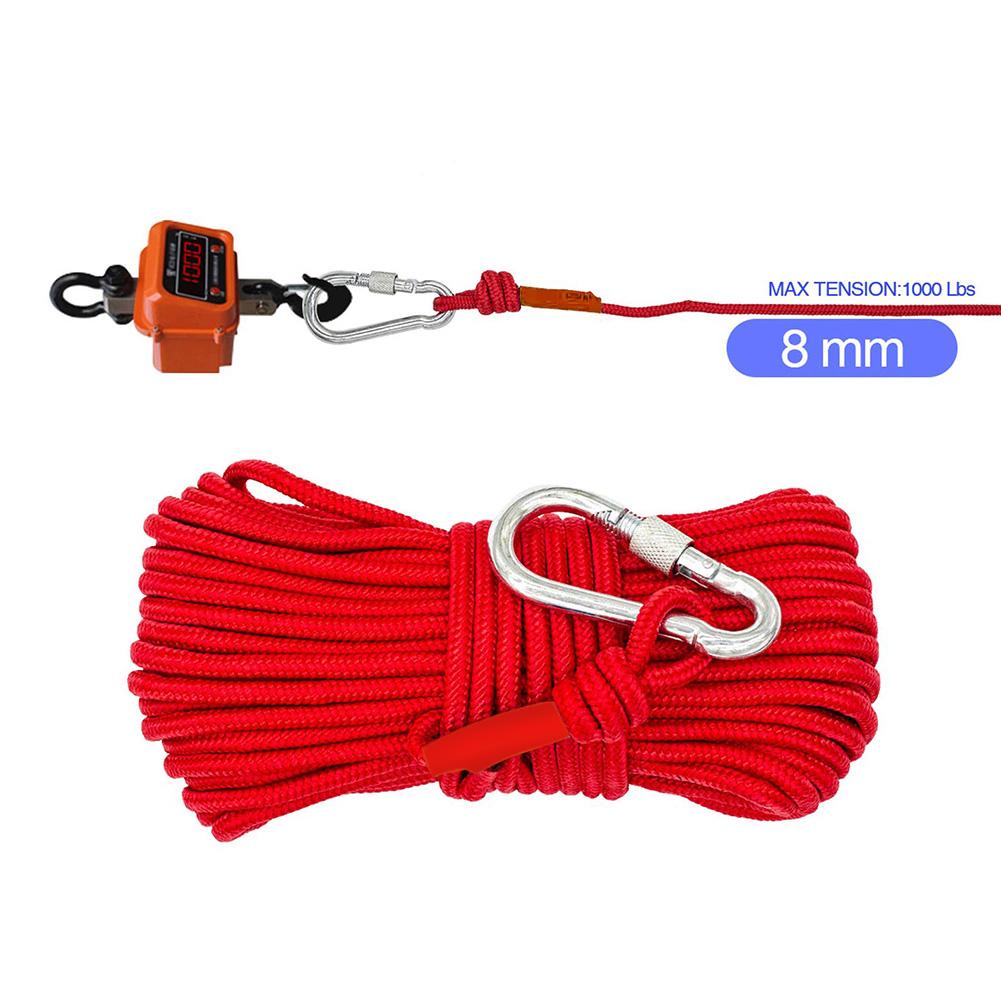 8mm nødtau med klatrespenne magnet fisketau nylon redningstau 20m lengde utendørs sportsutstyr