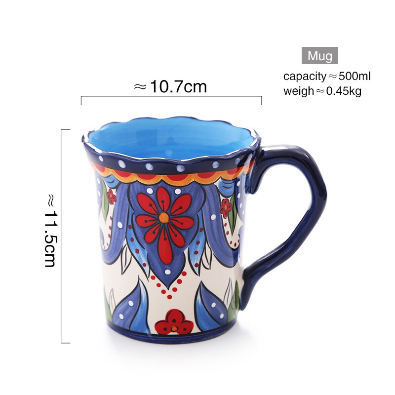 Ceramic Dinnerware Set with Flower Print Plate Bowl Mug Big Size Tableware Dish Steak Plates Retro Set: mug cup