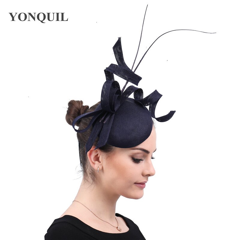 Geel Sinamay Partij Bruid Hoed Bruiloft Vrouwen Tovenaar Hoops Accessoires Mode Dames Gelegenheid Chapeau Cap Bridal Hoeden: navy