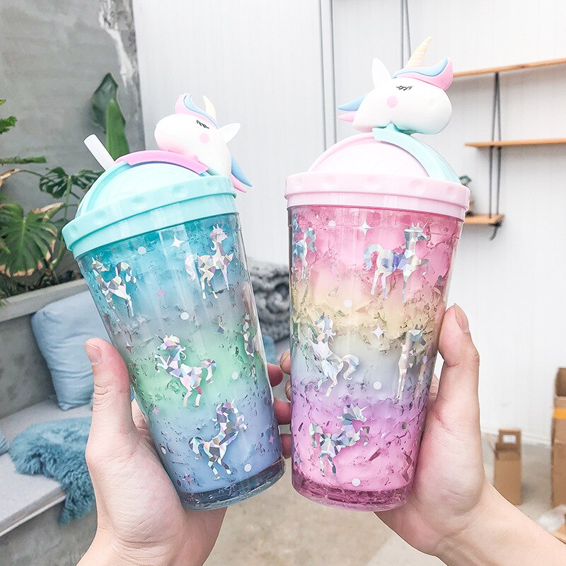Unicorn Push Cap Plastic Ice Cup Cute Literary Fresh Cartoon Double Straw Cup Students Cup