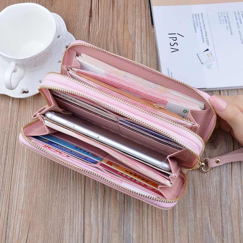 Women Zipper PU Leather Wallet Large Capacity Casual Simple Patchwork Waterproof Lady Wrist Band Handbag Card Phone Bag