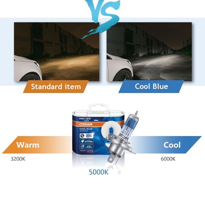 OSRAM H7 Cool Blue Advance White Halogen Bulbs 12V 5000K Car Headlight +50% Brighter 62210CBA(Twin)