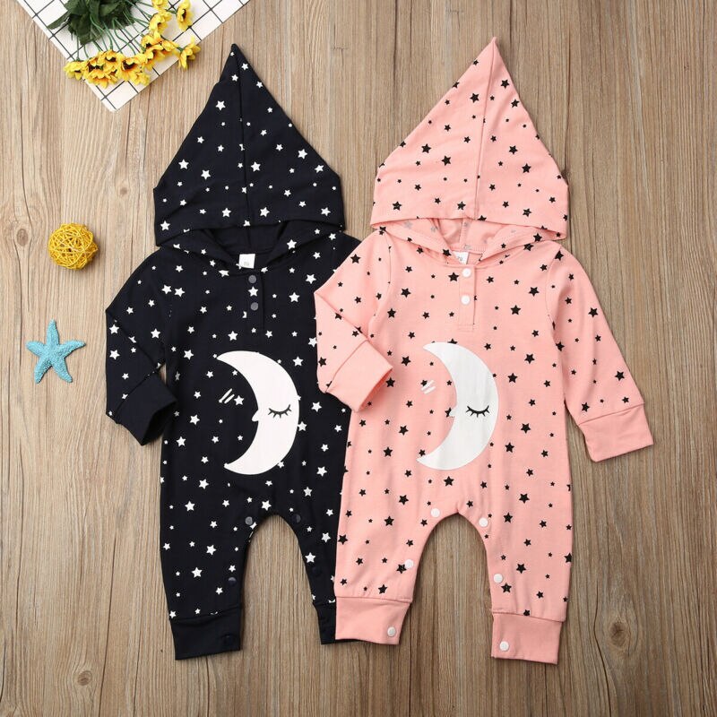 Autumn winter infant baby romper long sleeve warm stars moon print hoodie jumpsuit newborn baby clothes