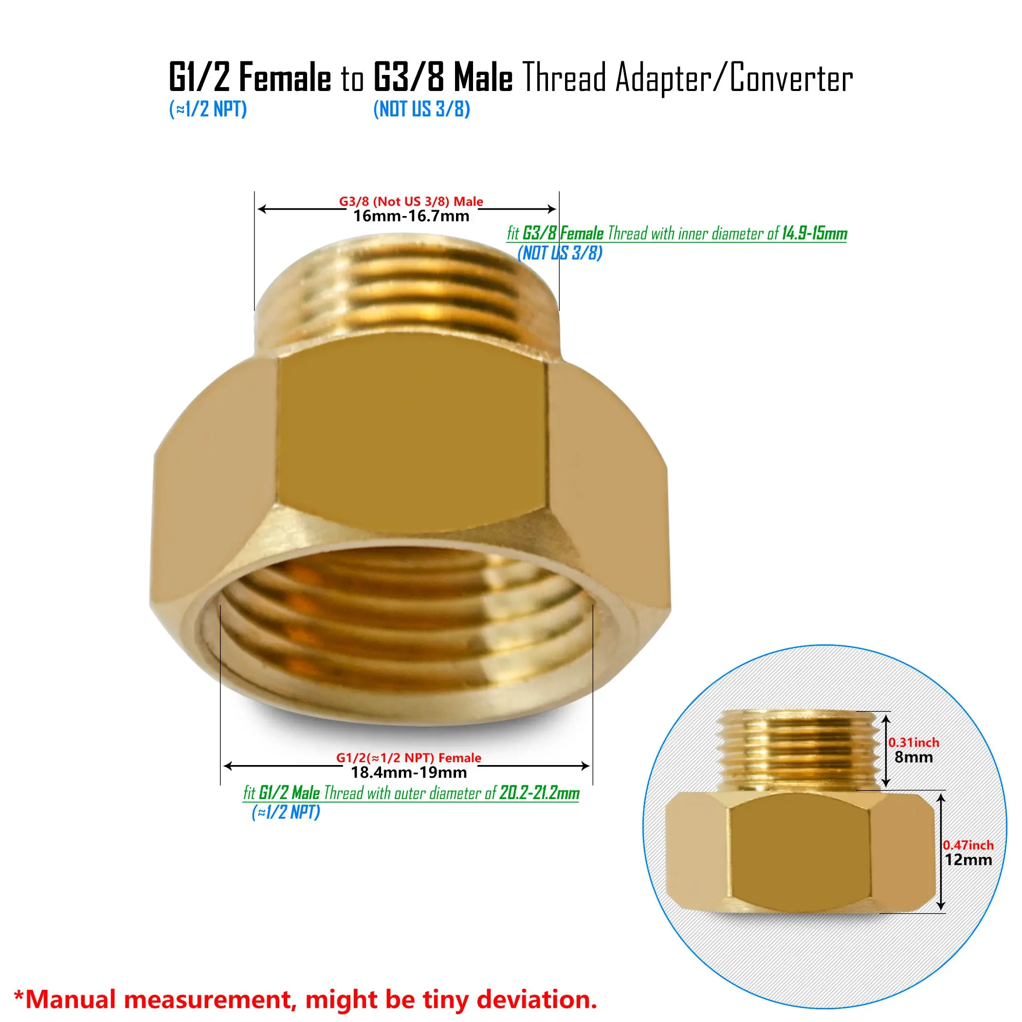 G1/2 to G3/8, 9/16-24 UNEF, 1/2 NPT Reducer Pipe Fittings Brass or Stainless Steel Threaded Water Hose Adapter Male Female: 125*90mm / black