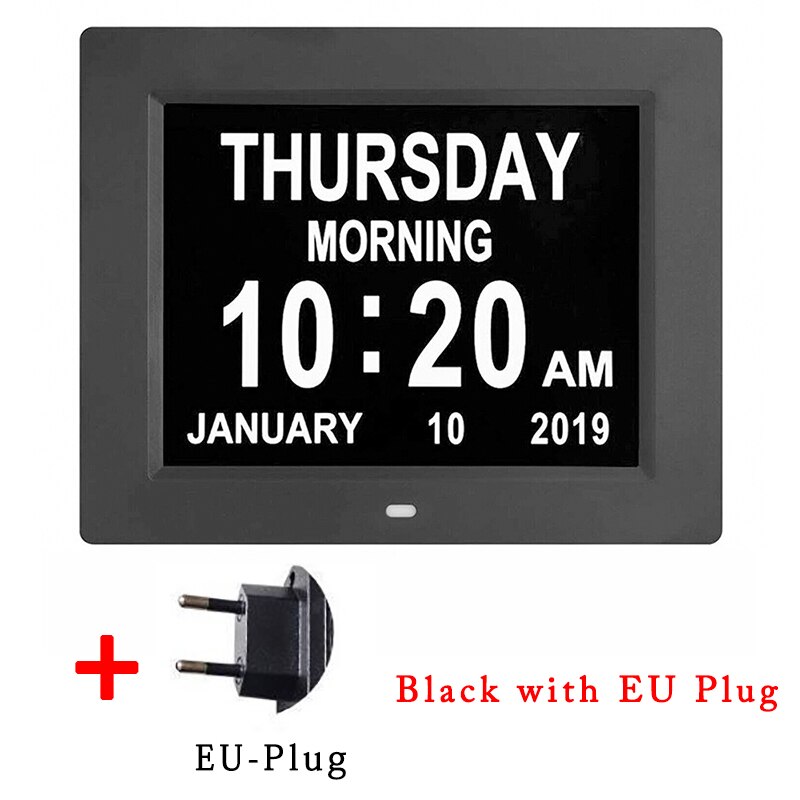 8 idiomas digital dia relógio led calendário dia/semana/mês/ano despertador para idosos demência visão deficiência decoração da casa: Black with EU Plug