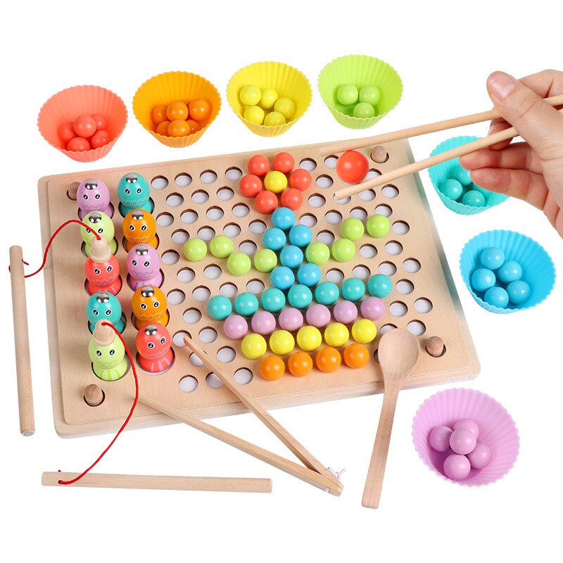 Baby Montessori Education Wooden Toys Kids 3D Matching Puzzle Magnetic Stick Strawberry Catch Worm Fishing Interactive Math Toys: Brain Training Toys