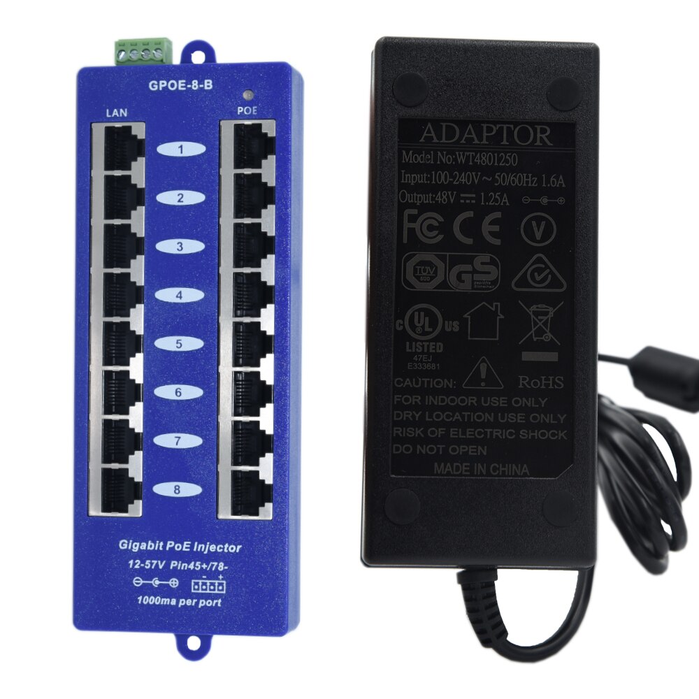48 v 60 w 8 Poort Gigabit Power over Ethernet PoE Injector voor 802.3af apparaten