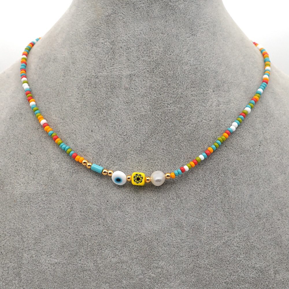 Go2Boho Evil Eye Necklace On Neck Boho Rainbow Seed Beads Pearl Necklaces For Women Jewelry Accesorios Mujer Choker
