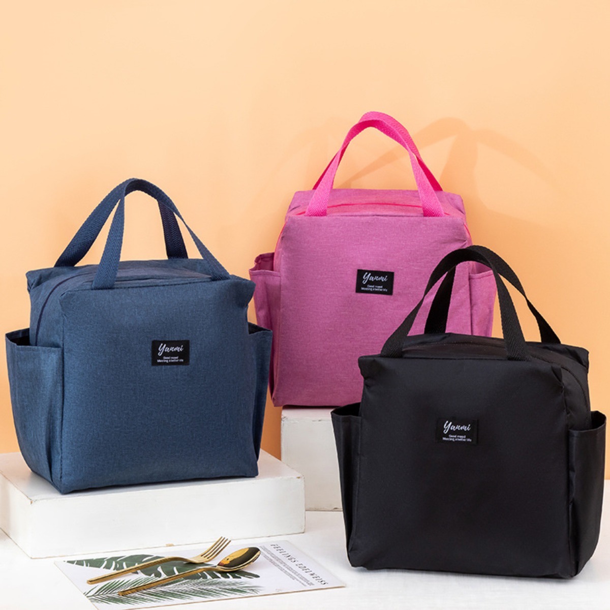 Double pockets Portable lunch bag lunch box insulated canvas tote bag school lunch portable dinner box picnic food storage: Ivory