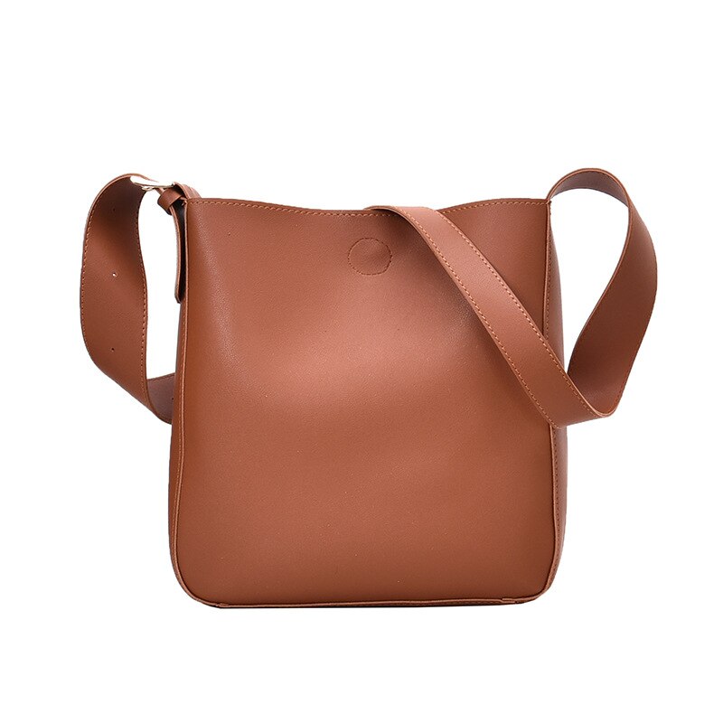 casual large capacity totes wide strap buckets bag luxury soft pu leather shoulder crossbody bags lady simply big purse: brown