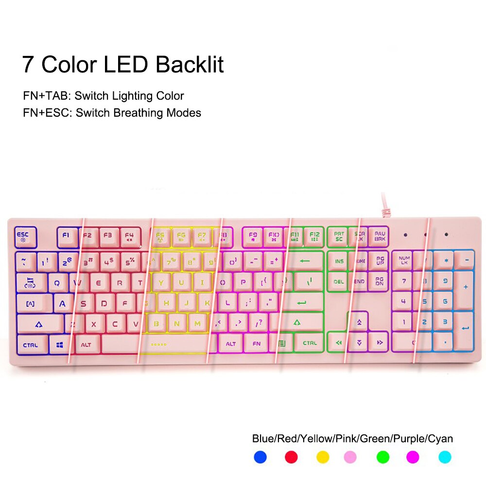 Basaltech Roze Toetsenbord Met Led Backlit 104-Key Rustige Gaming Toetsenbord Mechanische Gevoel Waterdichte Bedrade Usb Voor Pc Mac laptop