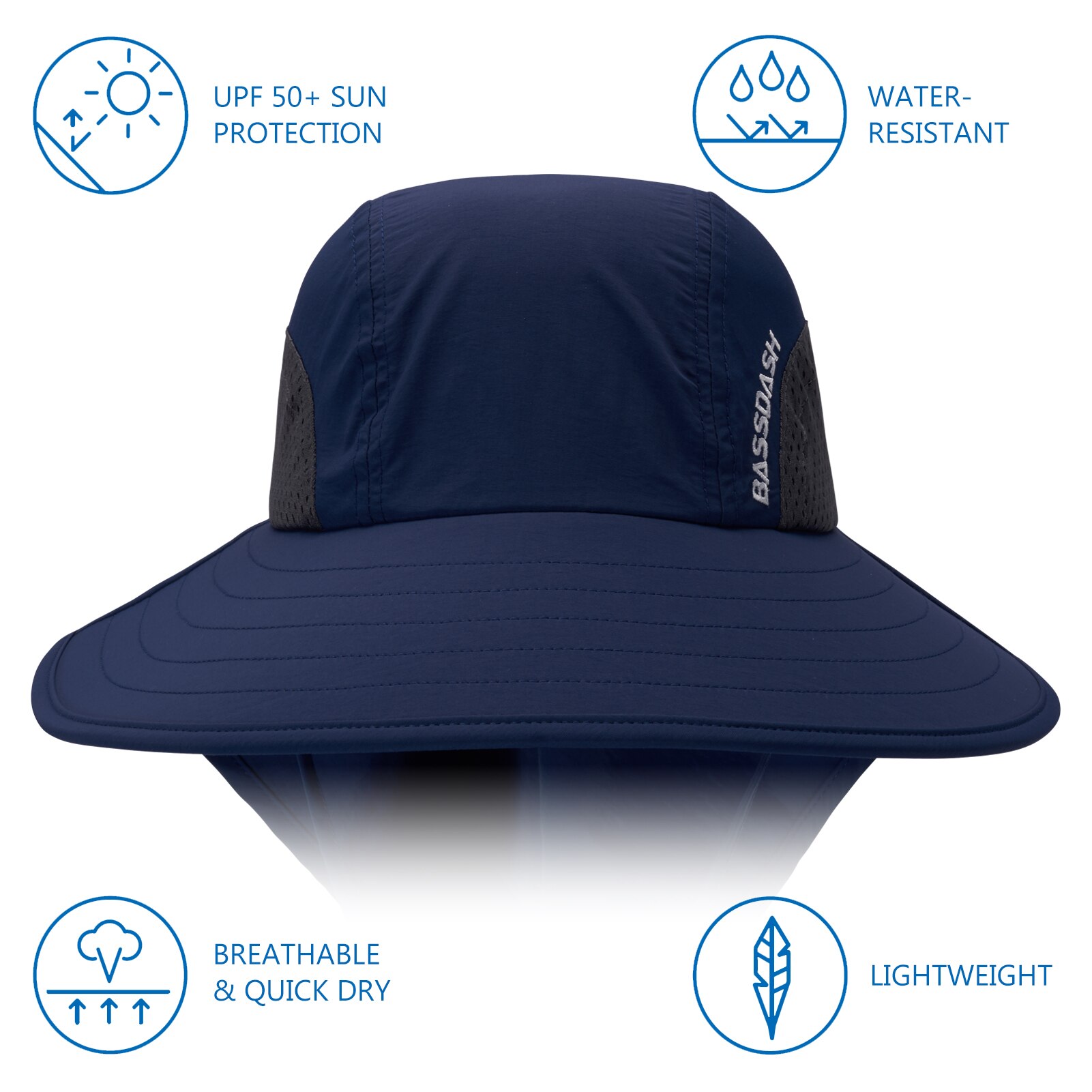 Bassdash UPF 50 + Unisex, sombrero de Sol de ala ancha resistente al agua con solapa de cuello grande, gorro de pesca con cola de caballo para hombres y mujeres