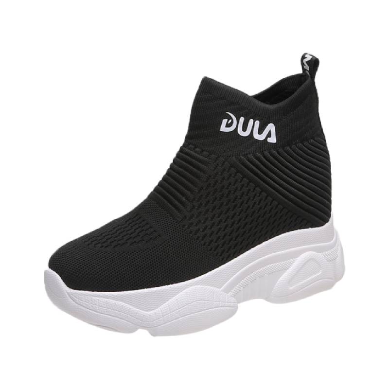 Åndbare strikkede chunky sneakers kvinder fjeder solid kilestrømpe sko kvinde tyk bund høj top sko kvinde