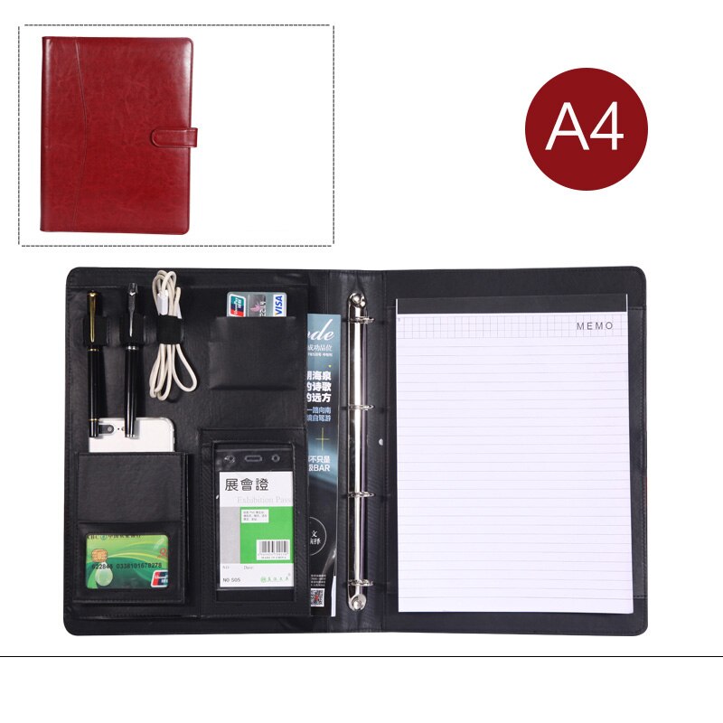 PU artificial leather folder ring binder a4 portfolio for documents padfolio briefcase with notebook cellphone holder 1210C: wine red A style