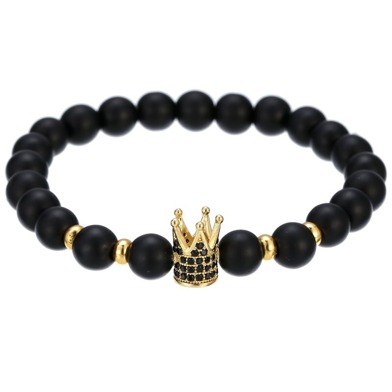Pulsera de cobre hecha a mano para hombre y mujer, Micro CZ King crown, cuentas elásticas de 8mm, brazalete de joyería,: BA-011G