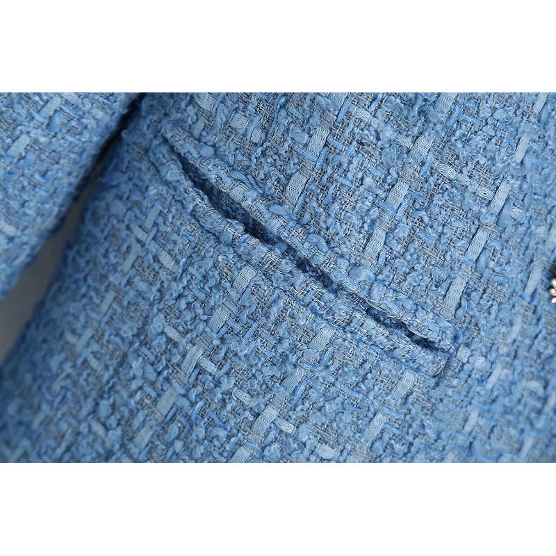 Stijlvolle chique blauwe sieraden dubbelrijs tweedjas dames omslagkraag jas vrouwelijke chique bovenkleding