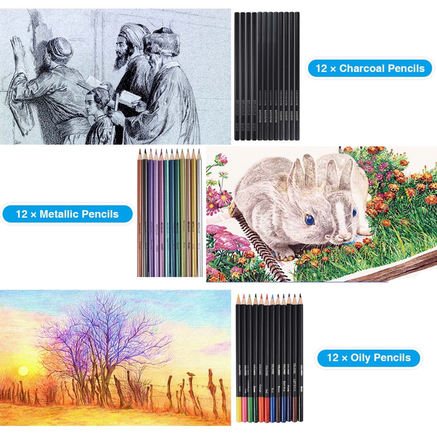 72 stk tegning maleri skitse sæt sæt med blyanter viskelæder skærper bæretaske til kunstner begynderstuderende tegning
