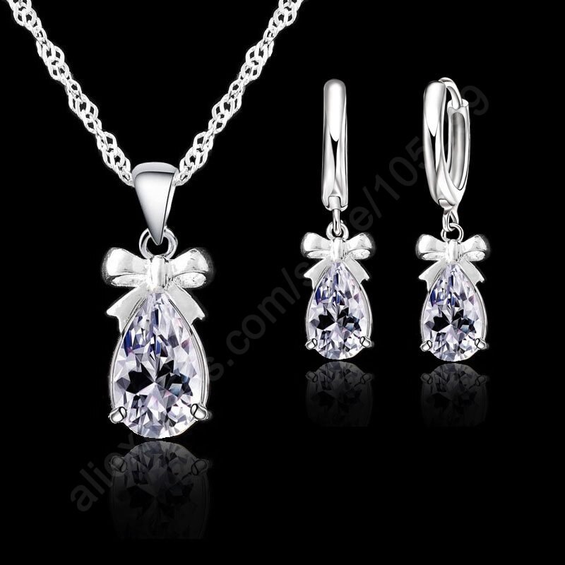 Clear Crystal Waterdrop Strik 925 Sterling Zilveren Oorbellen Ketting Sieraden Set Hoepel Oorbellen Ketting Set Huwelijkscadeau