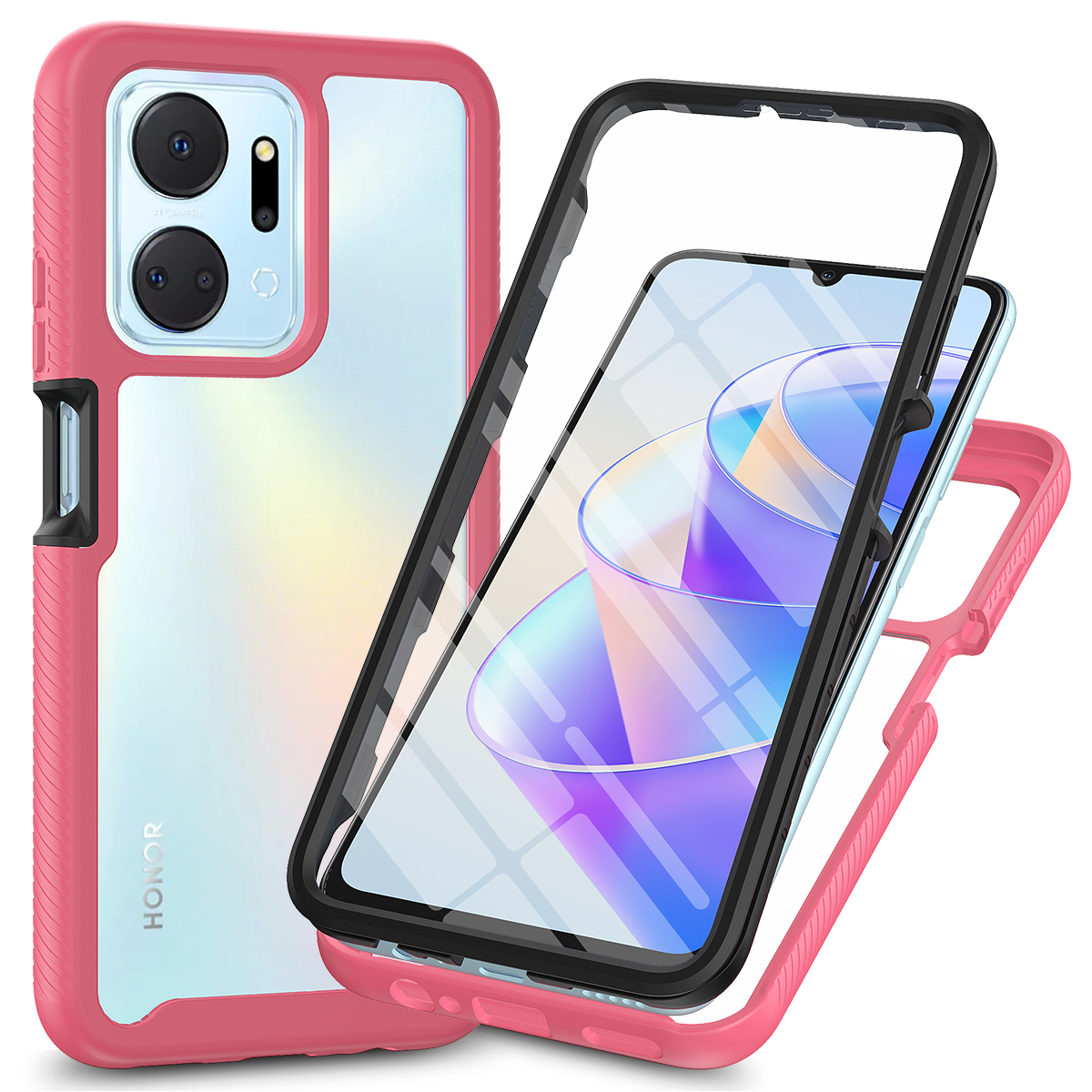 Funda de teléfono transparente a prueba de golpes, Protector de pantalla incorporado, parachoques de TPU, cubierta protectora resistente para HONOR X7A: Rojo rosado