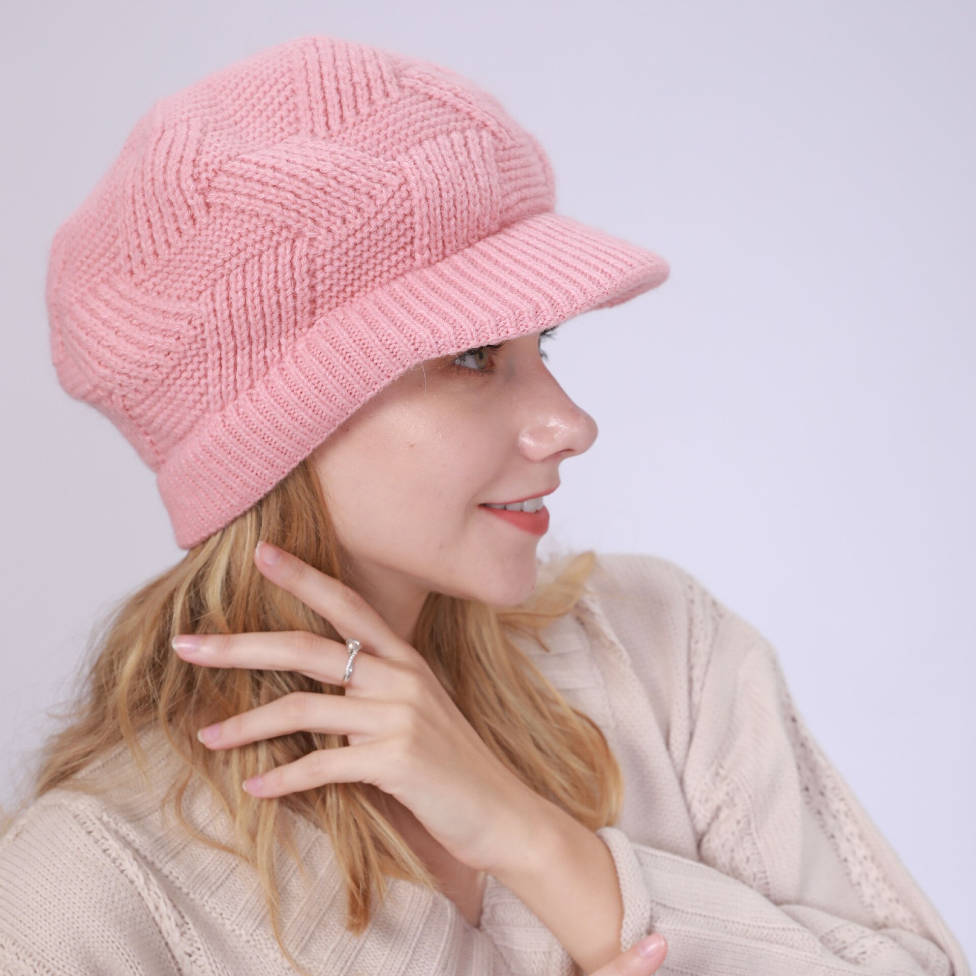 Women Winter Warmer Solid Color Crochet Hat Cap Peaked Visor Brim Slouchy Beret Knitted Hats: 9