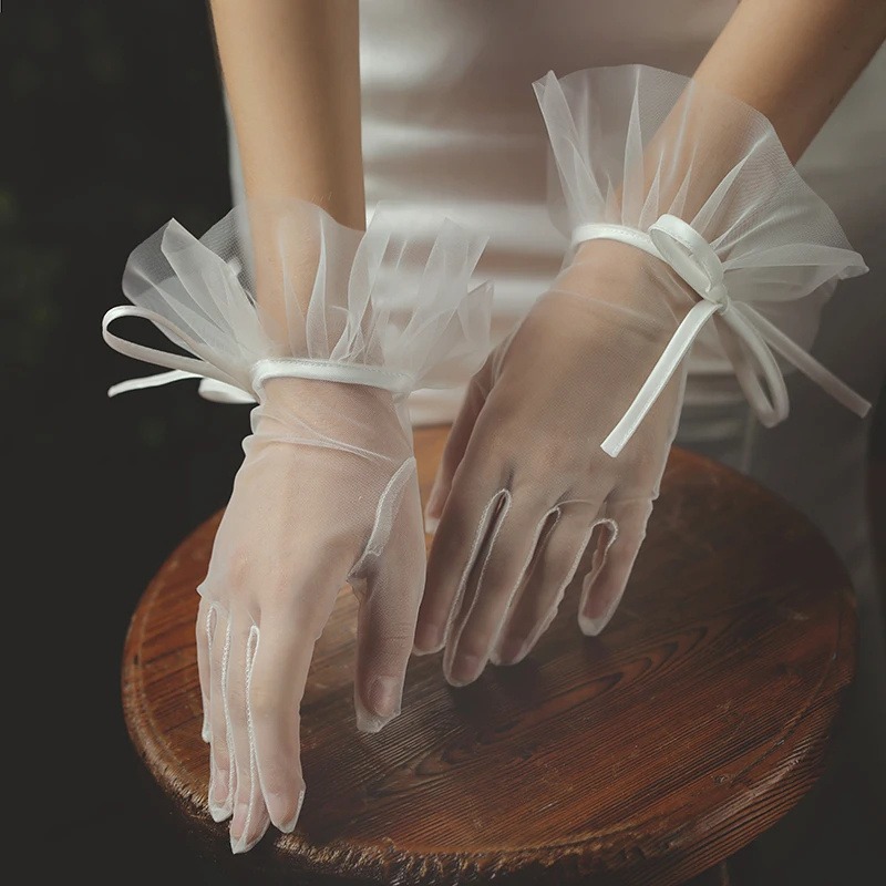 Gants de mariage transparents Vintage, robe de mariée blanche, avec nœud en maille et perles, courts en dentelle, accessoires de mariage