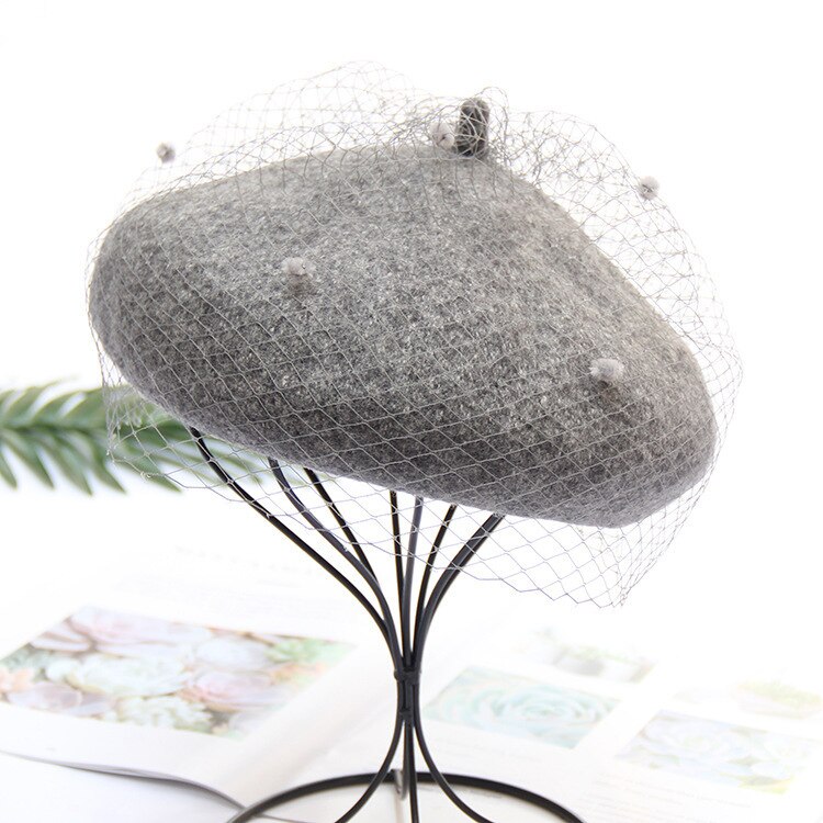 Boina de malla para mujer, gorro de pintor Camel, gorros Vintage con velo, gorro de invierno suave para artista francés, boina: gray