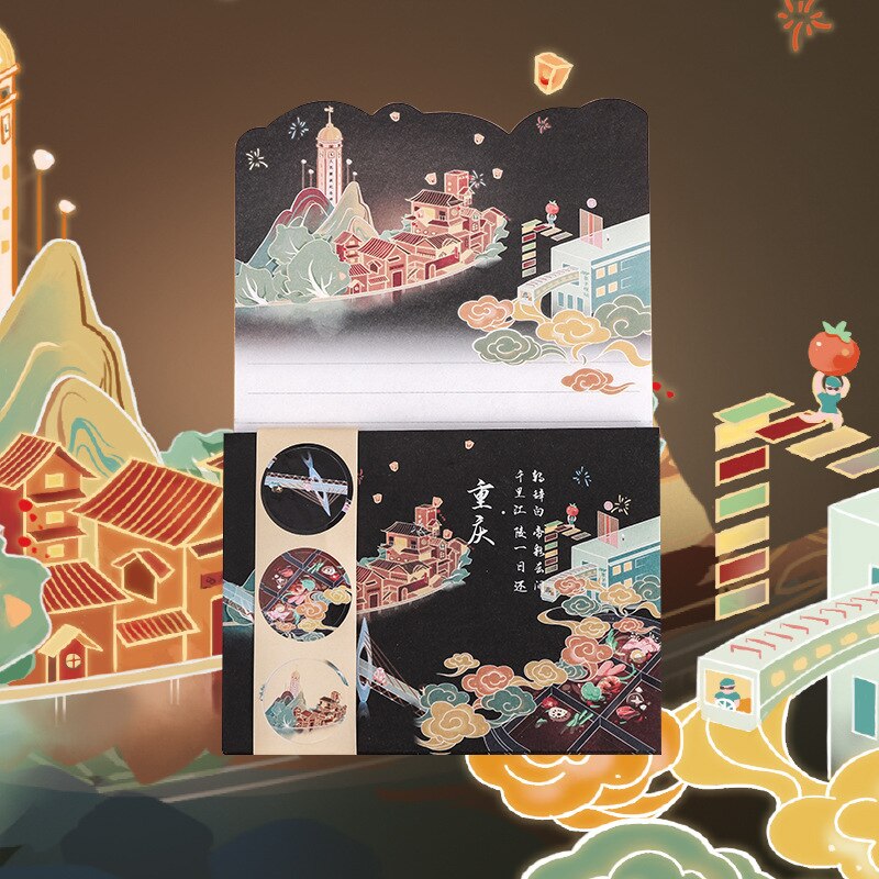 7 Cities Letter Paper Set Cartoon City Set Combination Stationery Postcard Color Page Envelope City Notes