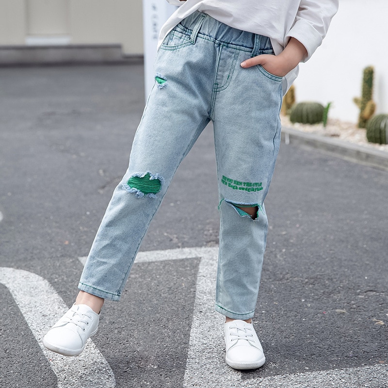Meisjes gescheurde gaten jeans lente/herfst kinderen kapotte denim broeken broeken voor tienermeisjes 110-160cm dwq 636