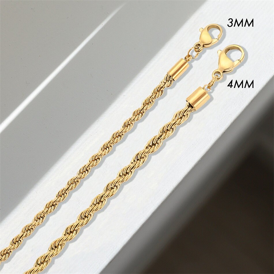 Jujie 3Mm/4Mm Rvs Rope Chain Kettingen Voor Vrouwen Mode 14K Goud Twisted Ketting Sieraden
