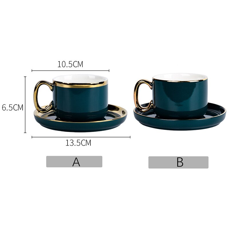 Europeisk stil kaffekopp tekoppfat set guld trim grön keramisk kaffemjölk kopp 200ml