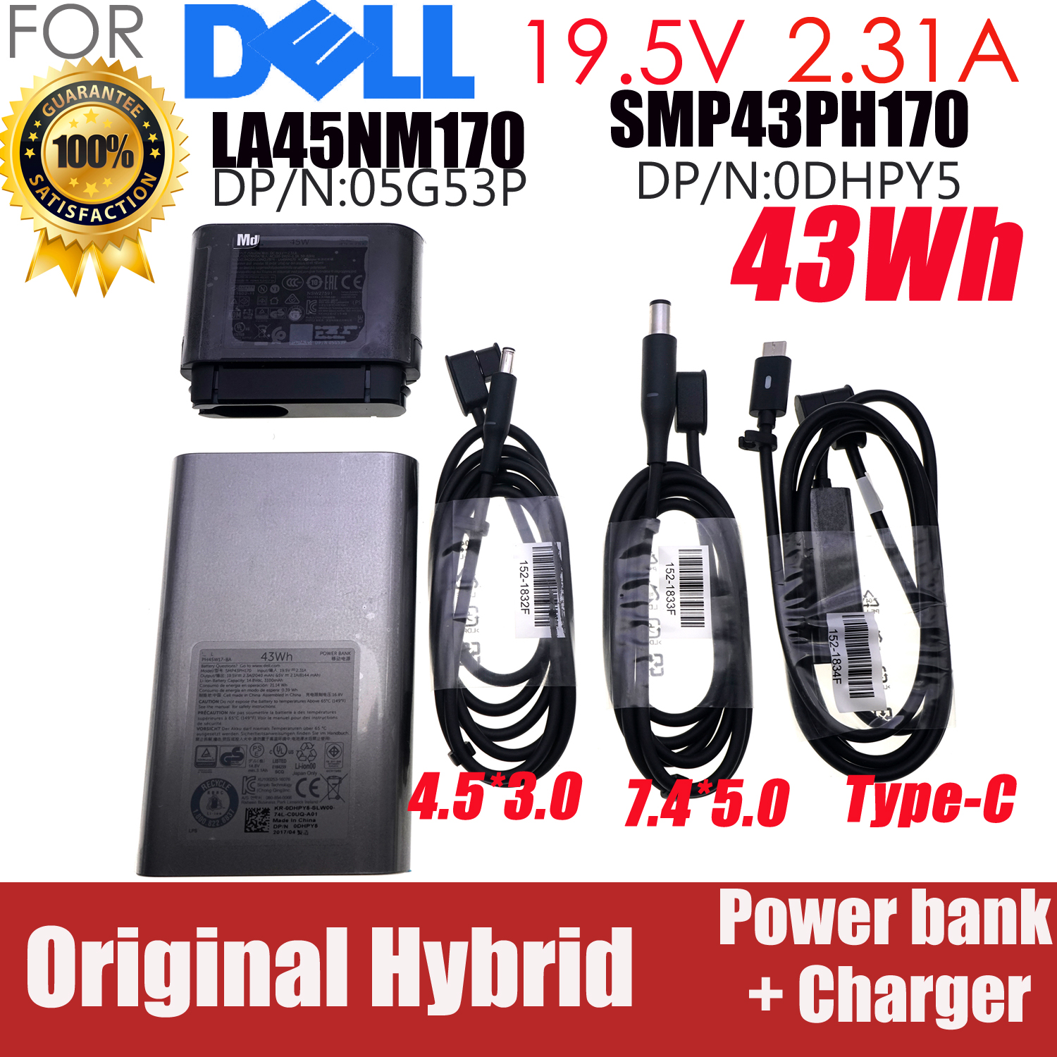 Genuine 19.5V 2.31A 45W AC Adapter 43Wh Laptop Hybrid Power bank for Dell XPS 4.5*3.0 7.4*5.0 USB-C TYPE-C SMP43PH170 LA45NM170