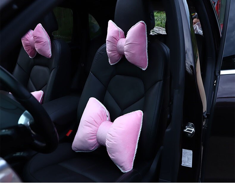 Bowknot Universal coche reposacabezas cuello almohadas transpirable lindo terciopelo cintura espalda apoyo cojín Interior del coche: Rosa / headrest