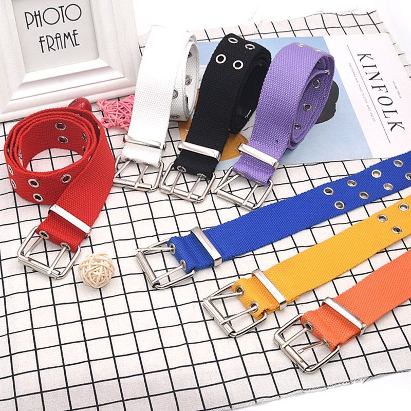 Wide Canvas Belts Casual Double Hollow Hole Buckle Belt Adjustable Solid Color Waist Strap For Women Men Students Jeans