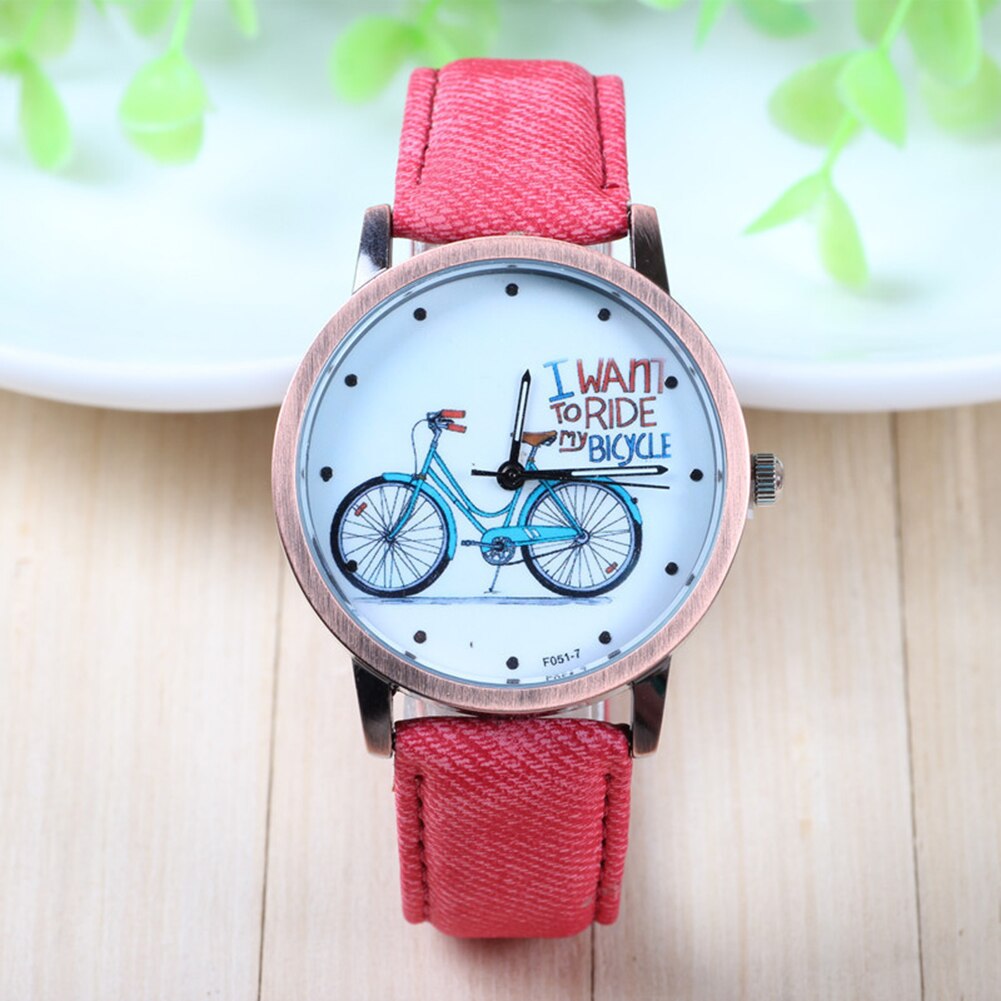 relojes de pulsera de Unisex Retro esfera redonda de cuarzo con patrón de bicicleta reloj de dibujos animados para mujer relojes de pulsera de cuero Vintage Casual