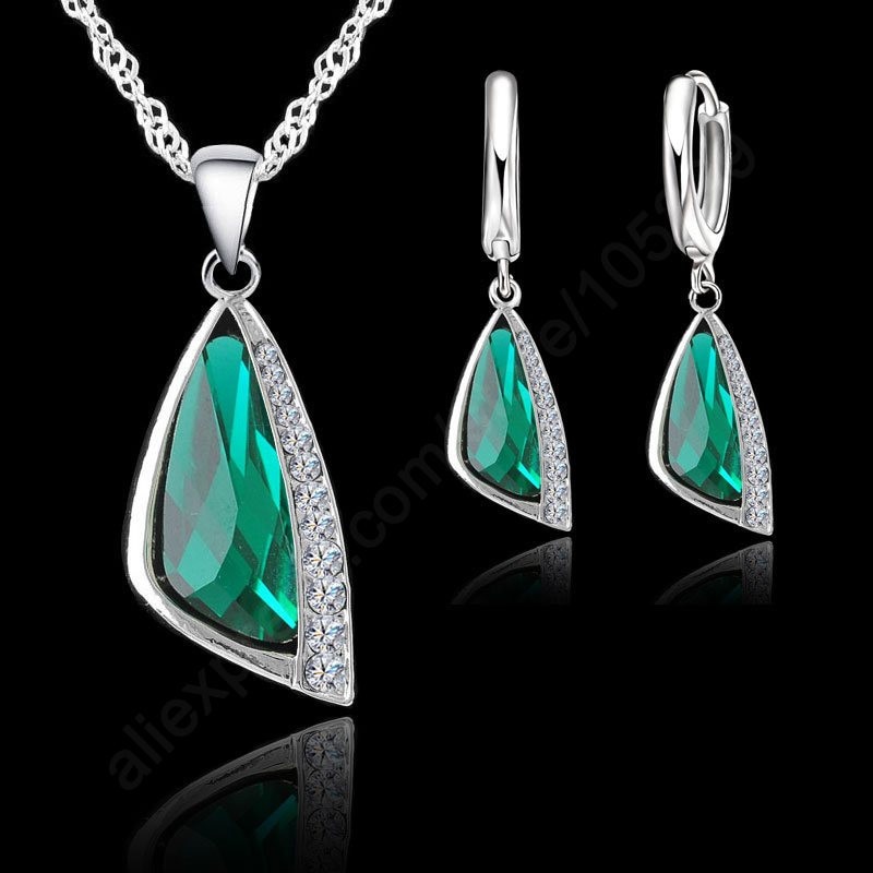 Triangle Luxury Green Crystal 925 Sterling Silver Necklace Pendant Chains Earring Sets For Women Wedding Jewelry Set