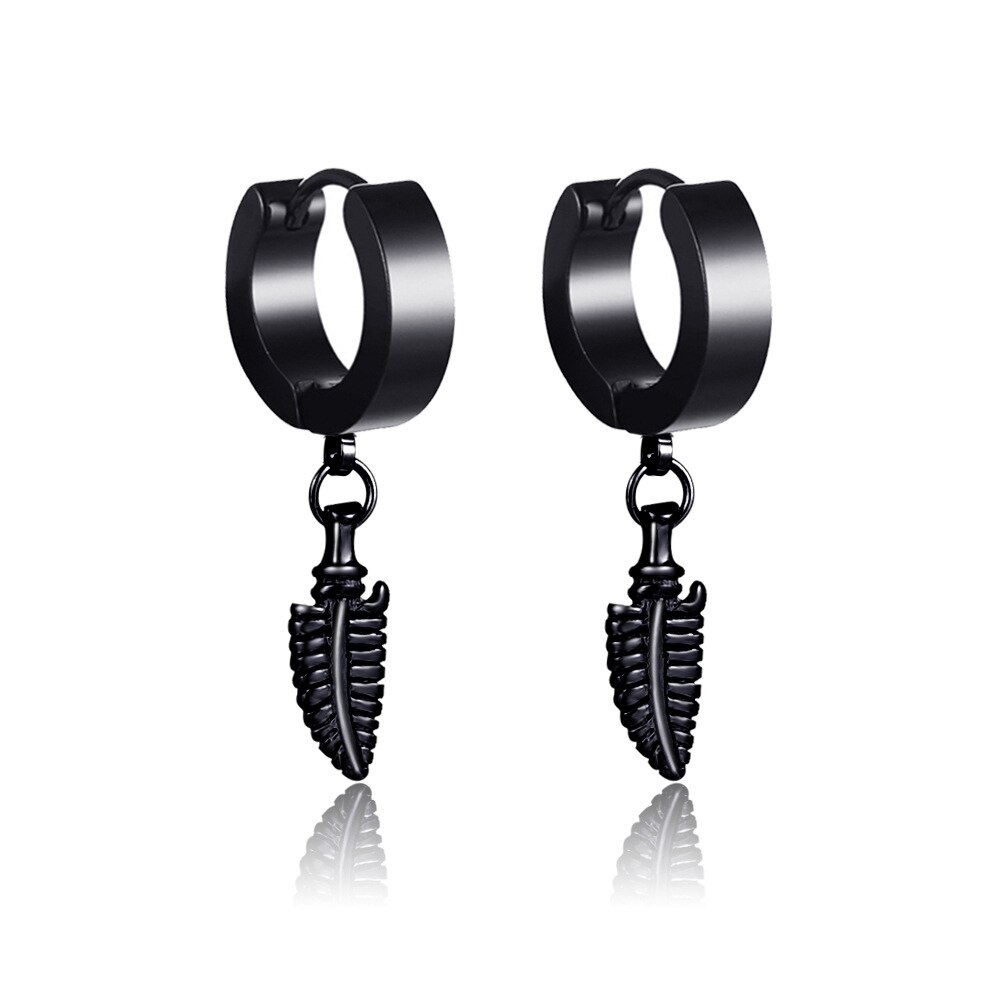 6 Style 316L Stainless Steel Dangle Round Cross Leaf Earring for Men Women Cool Punk Eboy Stud Earring Set: Style F Black